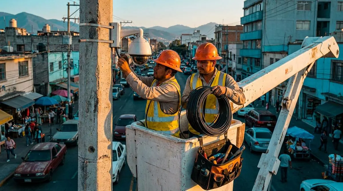 Técnicos instalando una cámara en un poste