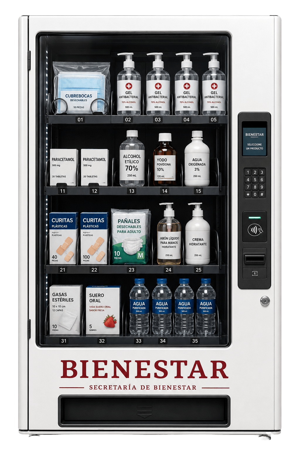 Kusto kiosk rendered in red Bienestar branding, showing four shelves of medical and hygiene supplies behind glass, NFC tap pad and screen on the right side, and a wide dispense bin at the base